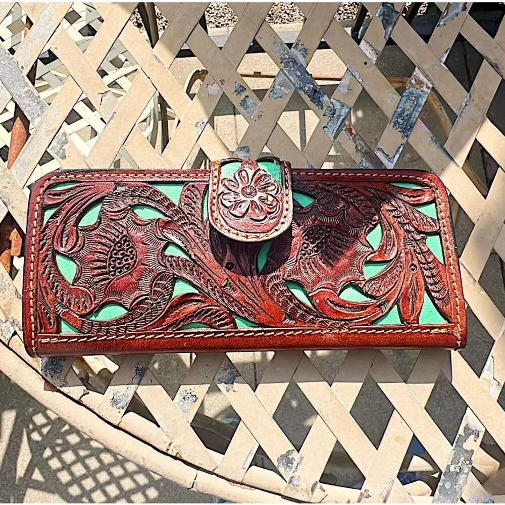 Hand Tooled Leather Western Wallet Brown/Teal Leather - Picture 2 of 4